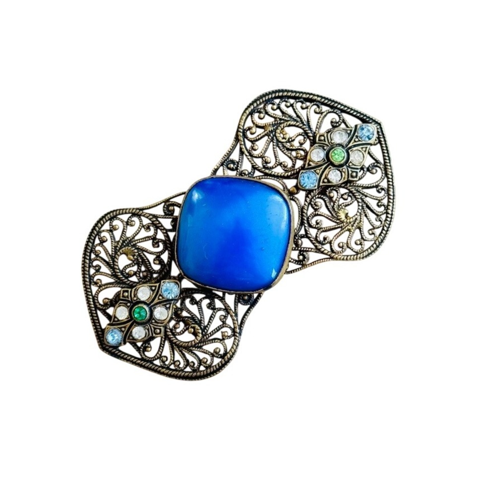 VTG Art Deco Victorian French Belt Buckle Filigree Rhinestone Blue Glass Antique